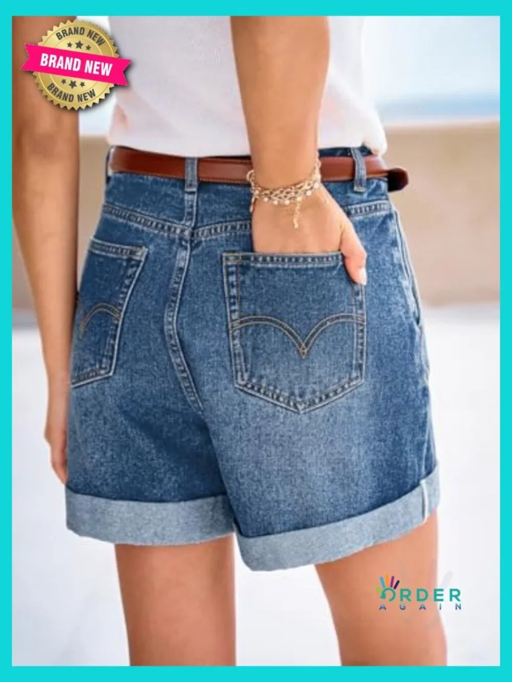 High Waist Rolled Hem Jean Shorts Retro Casual Cuffed Denim Summer Straight Fit